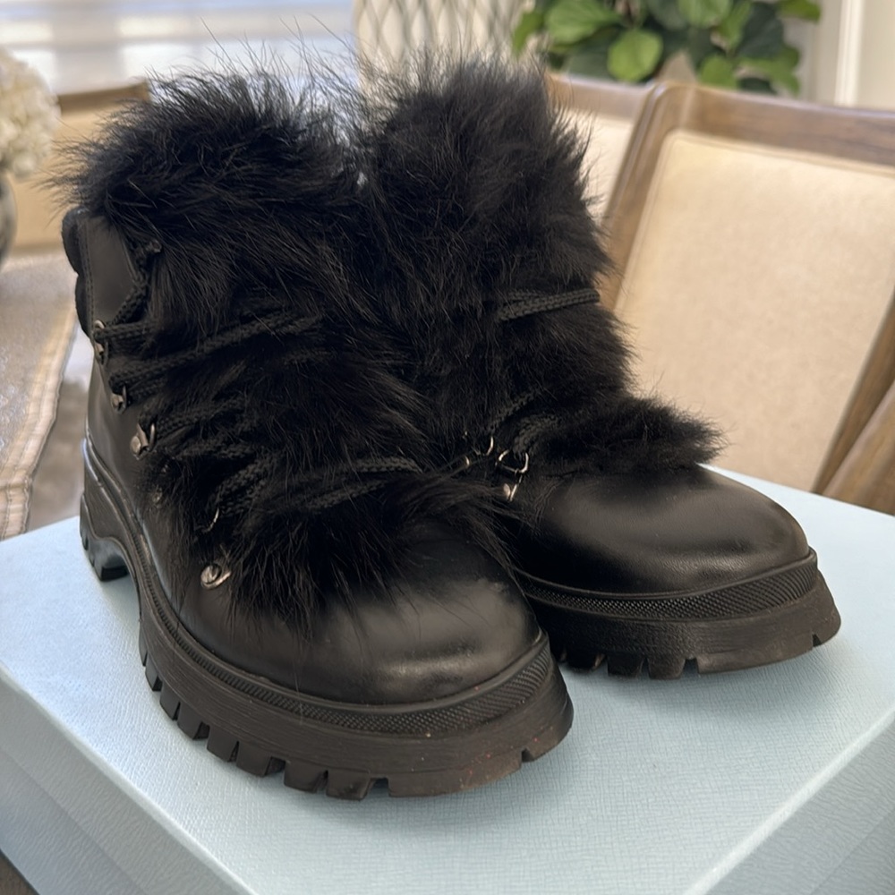 Prada Ankle Boots. Black leather/Shearling. Worn once!!  Size 38.5